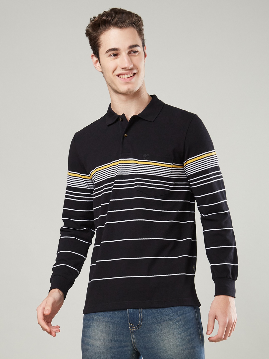 

CELSIUS Men Striped Polo Collar Cotton T-shirt, Black