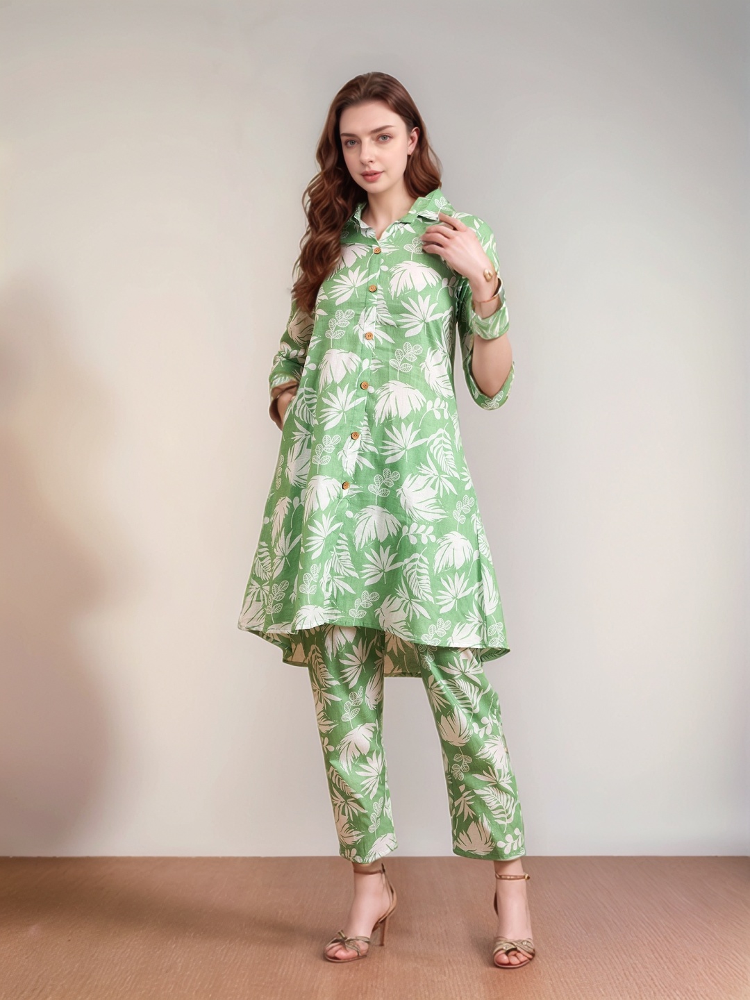 

Moda Rapido Floral Printed Pure Cotton Shirt Collar Tunic With Trouser, Green