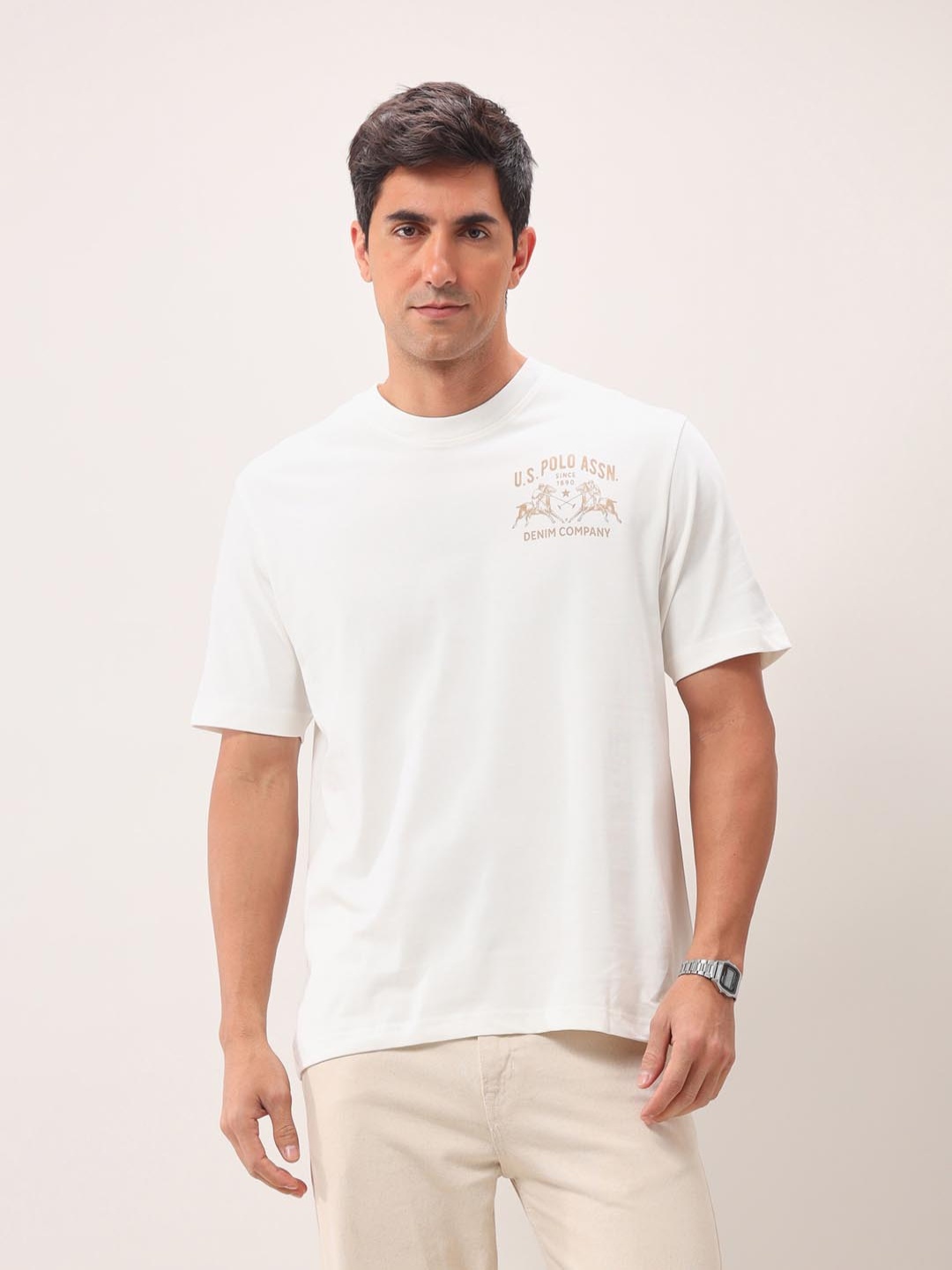 

U.S. Polo Assn. Denim Co. Men Graphic Printed Round Neck Cotton T-shirt, White