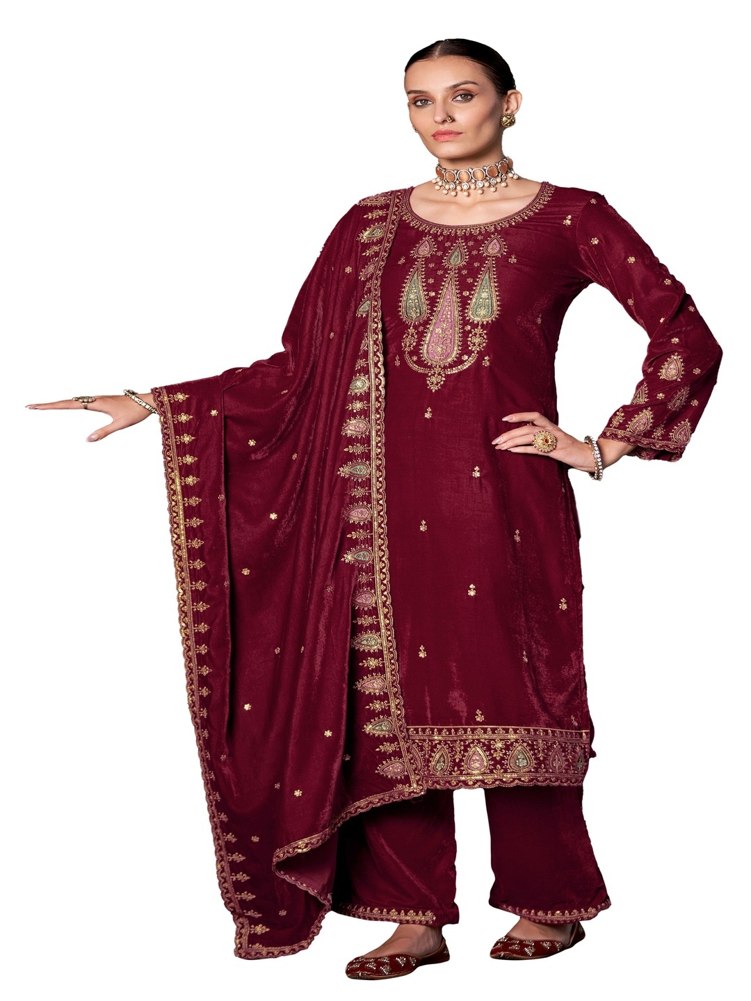 

DRAVINAM Trends Floral Embroidered Zari Velvet Unstitched Dress Material, Red