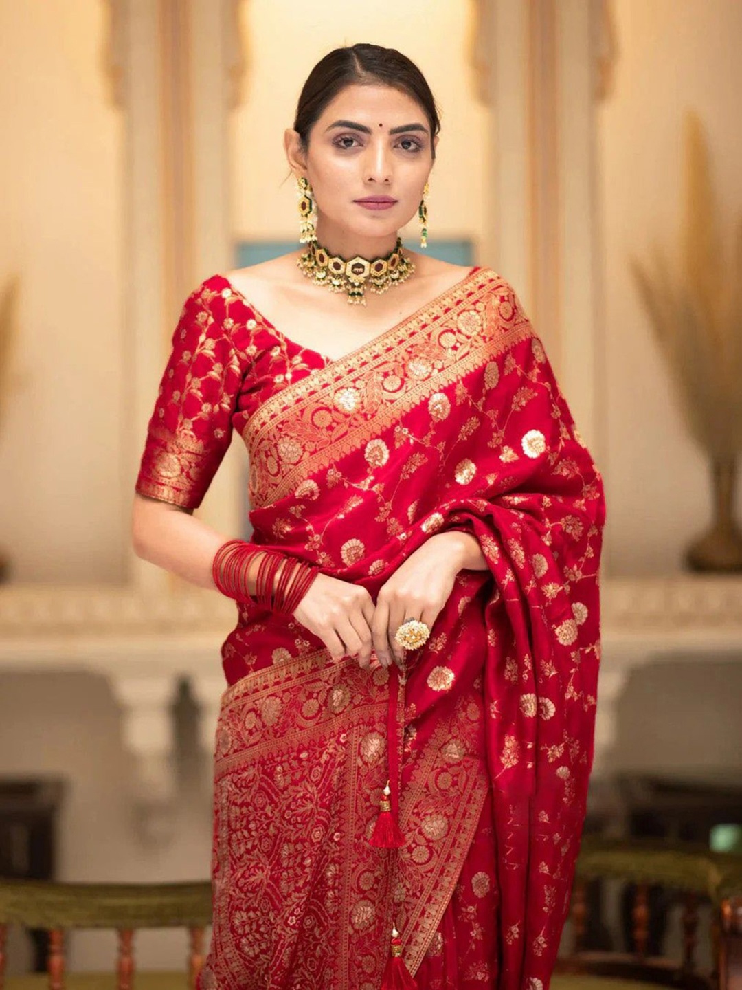 

KALINI Woven Design Zari Pure Silk Banarasi Saree, Red