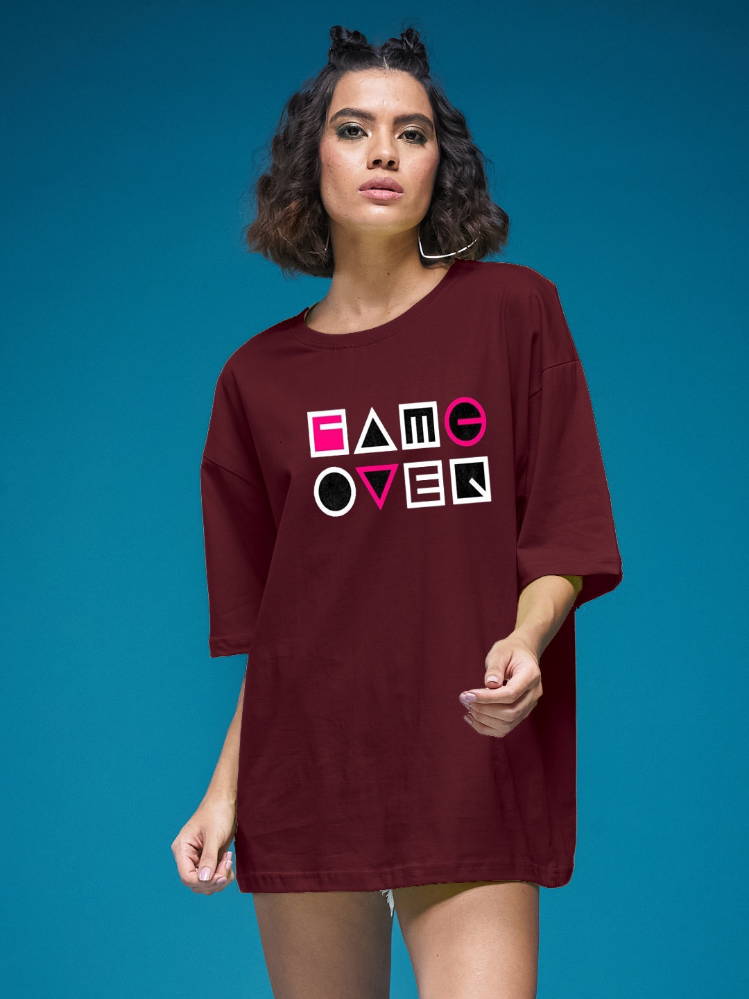 

SMARTEES Women Typography Printed Round Neck Cotton Oversized T-shirt, Maroon