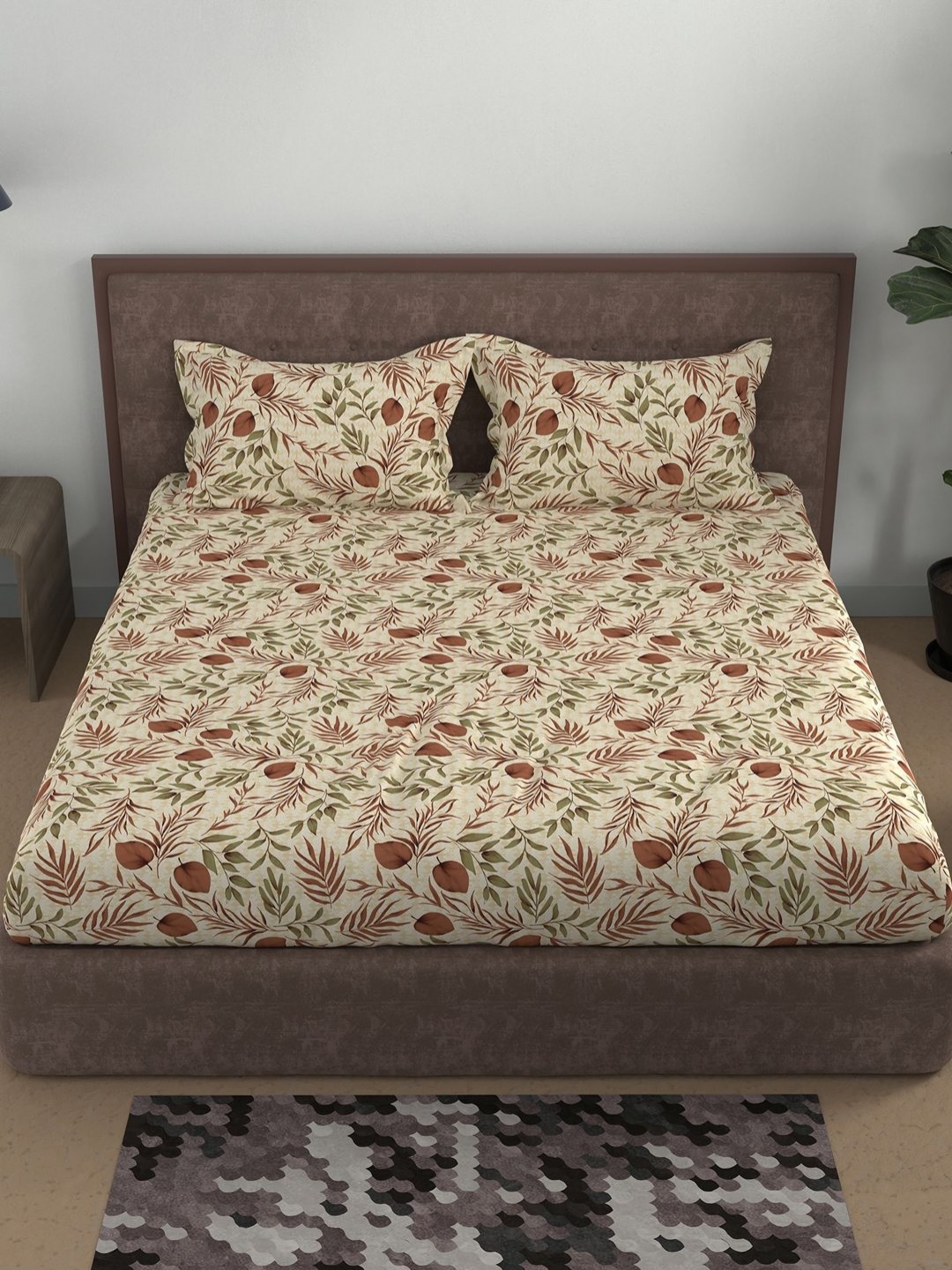 

BELLA CASA Brown Floral Printed180 TC Pure Cotton Queen Bedsheet Set 2.7 m x 2.2 m