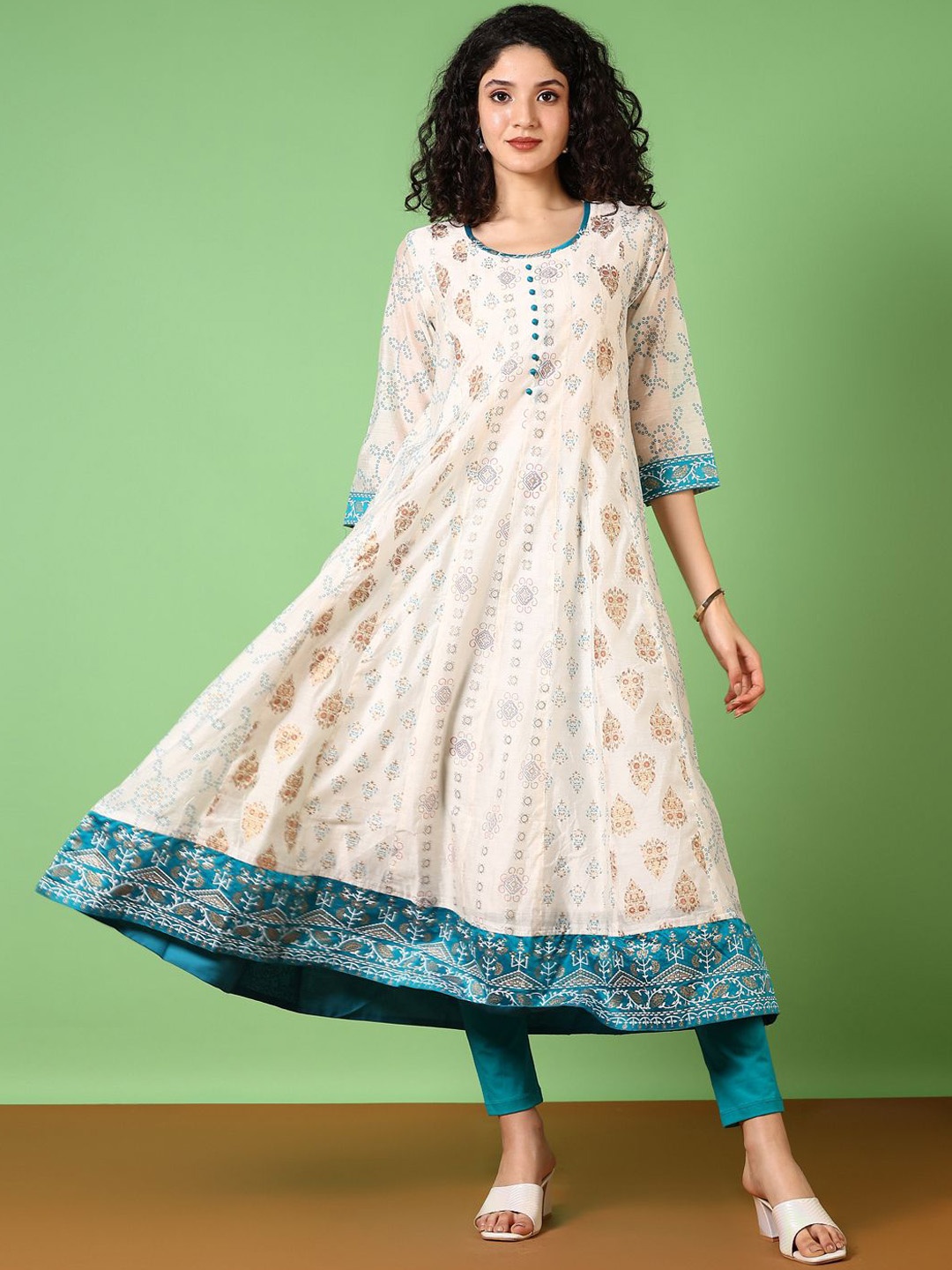 

V-Mart Ethnic Motifs Printed Chanderi Cotton Anarkali Kurta, Cream