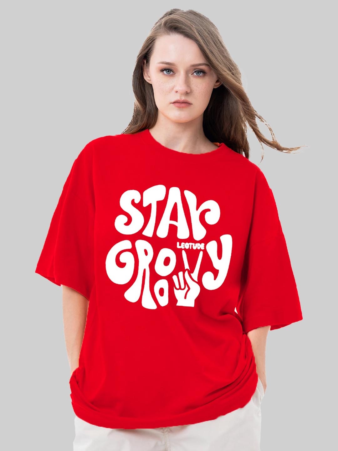 

Leotude Women Typography Printed Round Neck Cotton Relaxed Fit T-shirt, Red