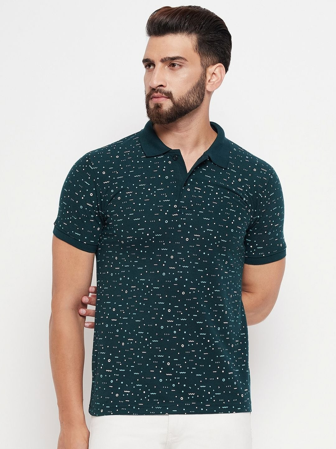 

MXN Men Abstract Printed Polo Collar Cotton T-shirt, Olive