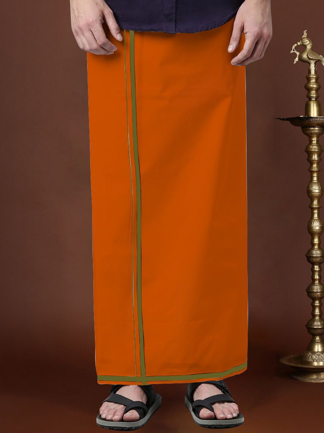 

Devala Weavers Society Men Pure Cotton Single Layer Orange Dhoti with Coloured Border