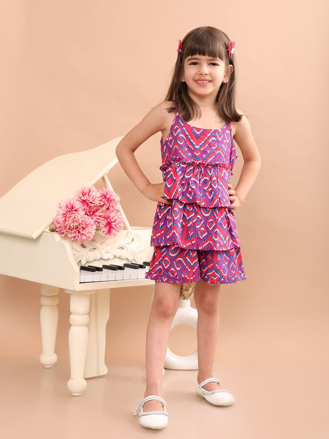 

Superminis Girls Printed Sleeveless Pure Cotton Top With Shorts, Purple
