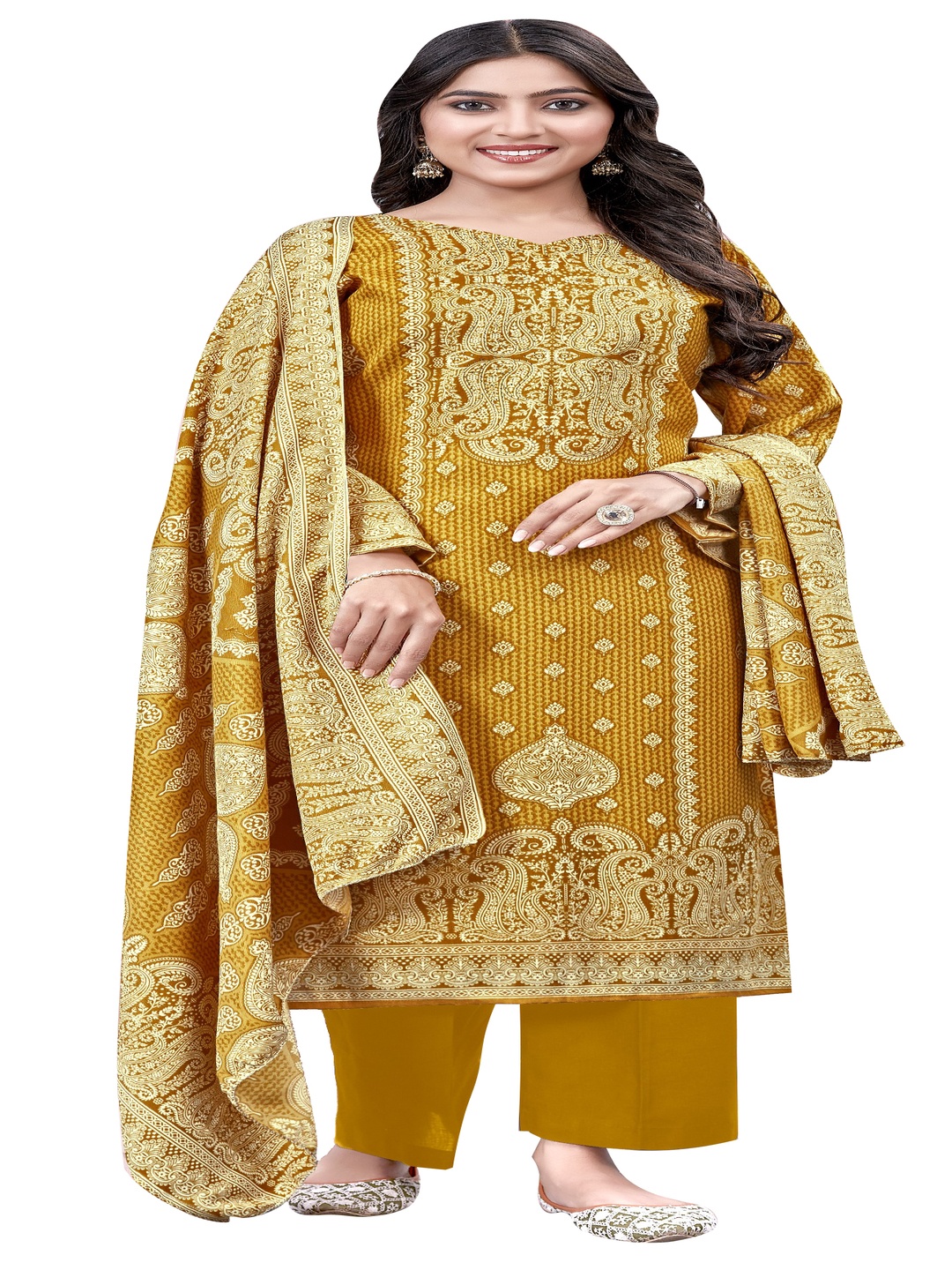 

DRAVINAM Ethnic Motifs Printed Pashmina Unstitched Dress Material, Yellow
