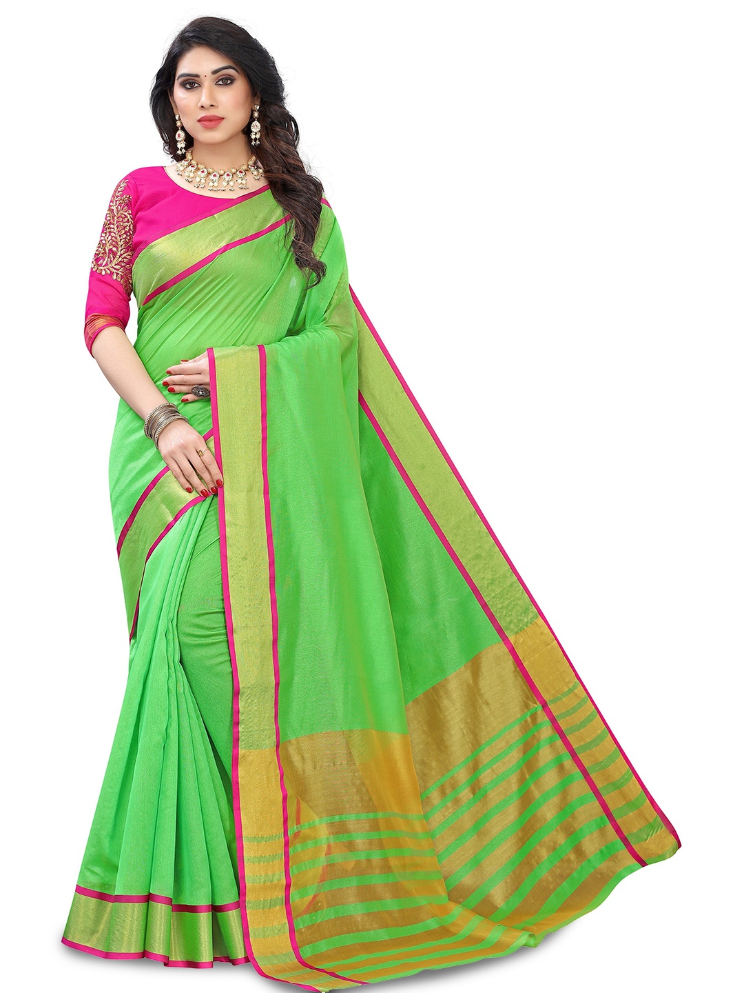 

bansari textiles Woven Design Zari Pure Cotton Patola Saree, Green