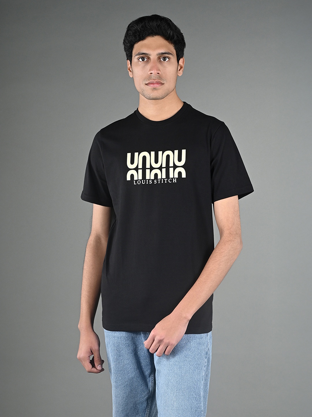 

LOUIS STITCH Men Typography Printed Round Neck Cotton T-shirt, Black