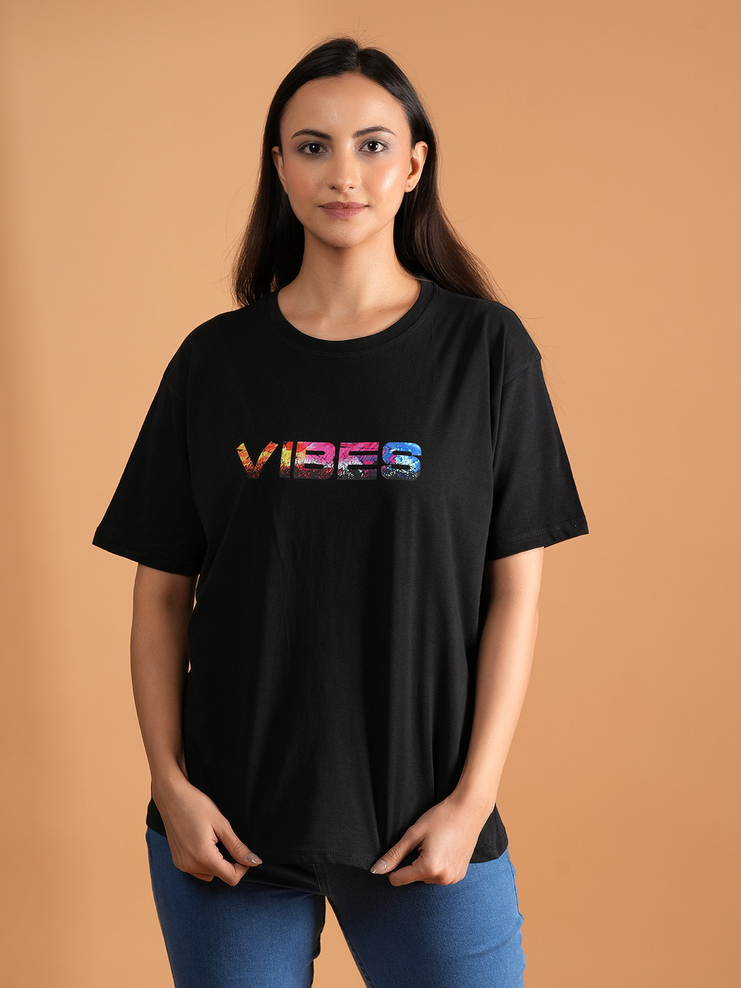 

BAESD Women Typography Printed Round Neck Cotton Relaxed Fit T-shirt, Black