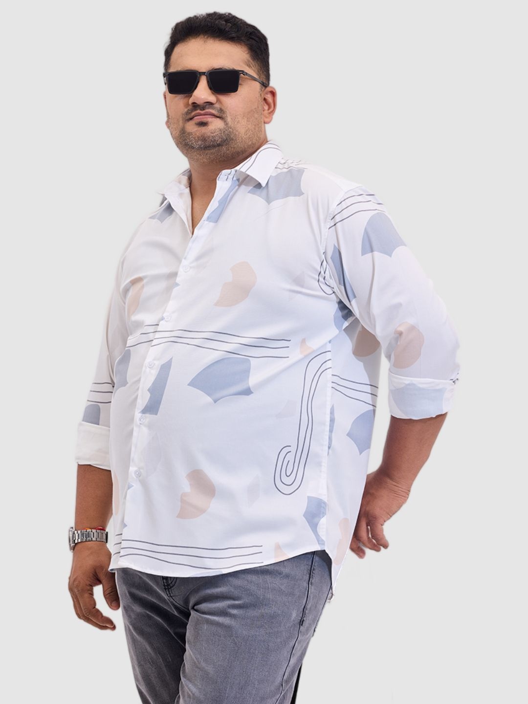 

Snitch Men Plus Size Classic Oversized Fit Spread Collar Abstract Printed Casual Shirt, White