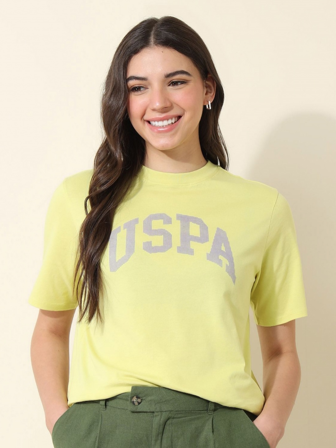 

U.S. Polo Assn. Women Typography Printed Round Neck Cotton T-shirt, Yellow