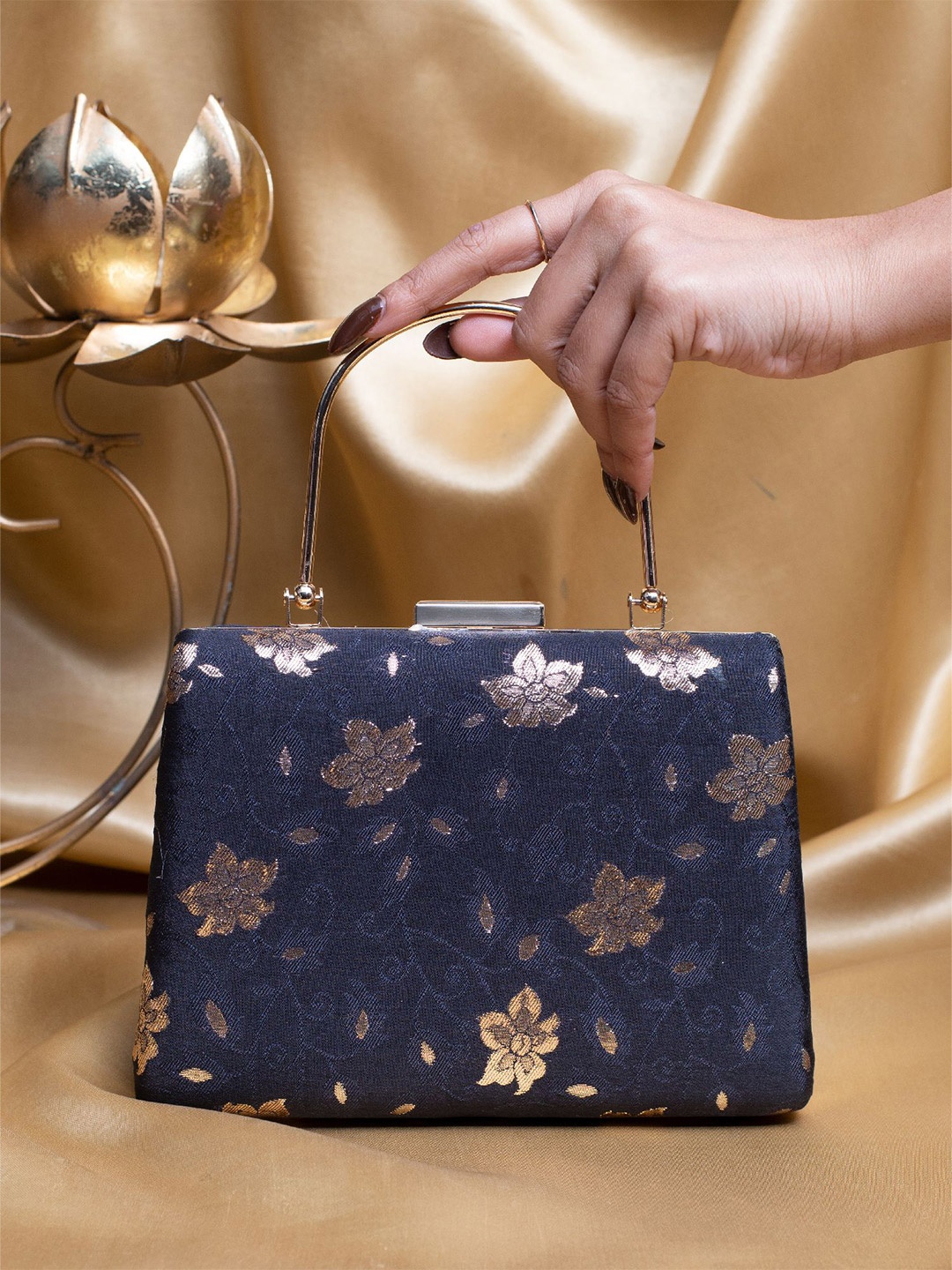 

ARTKLIM Floral Embroidered Brocade Box Clutch, Blue