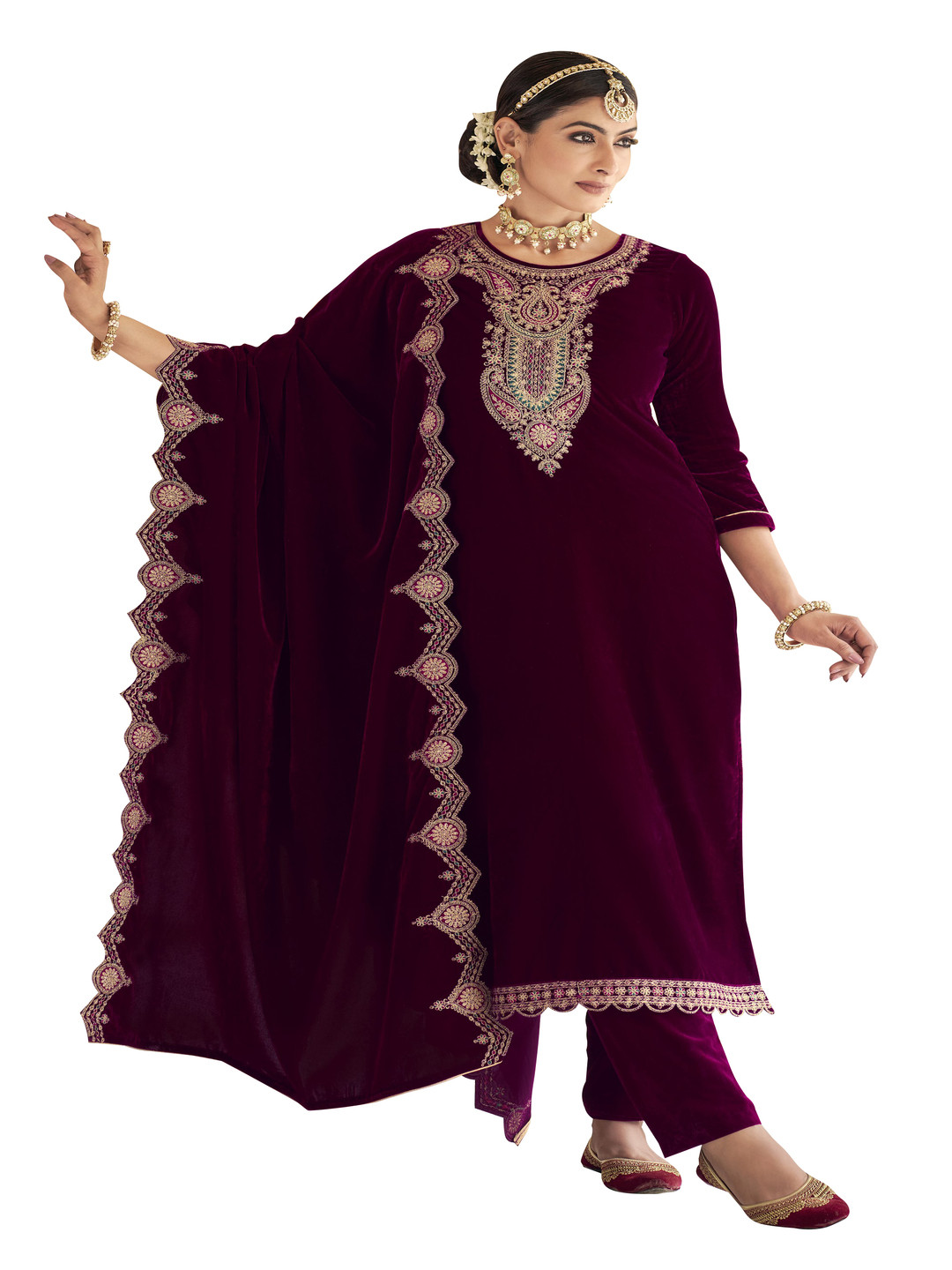

DRAVINAM Trends Ethnic Motifs Embroidered Velvet Unstitched Dress Material, Maroon