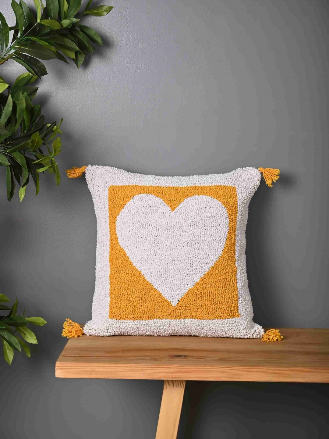 

Aura White & Yellow Heart Embroidered Square Tasseled Cushion Cover