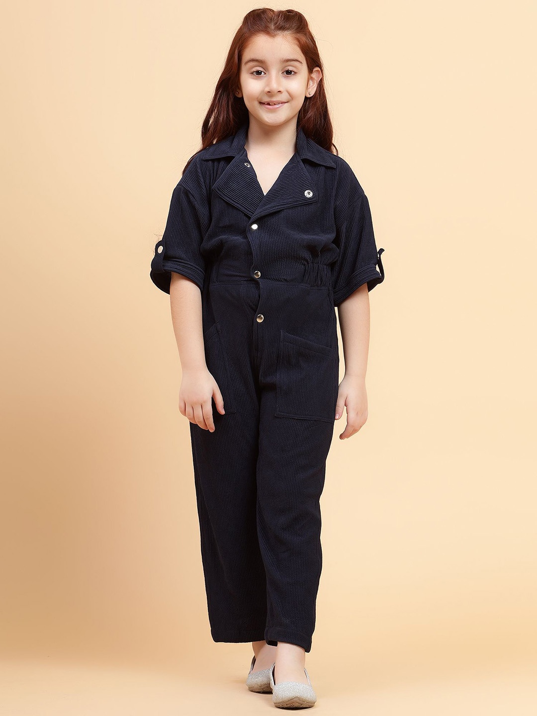

YK Girls Cotton Half Sleeves Front Button Basic Jumpsuit, Navy blue
