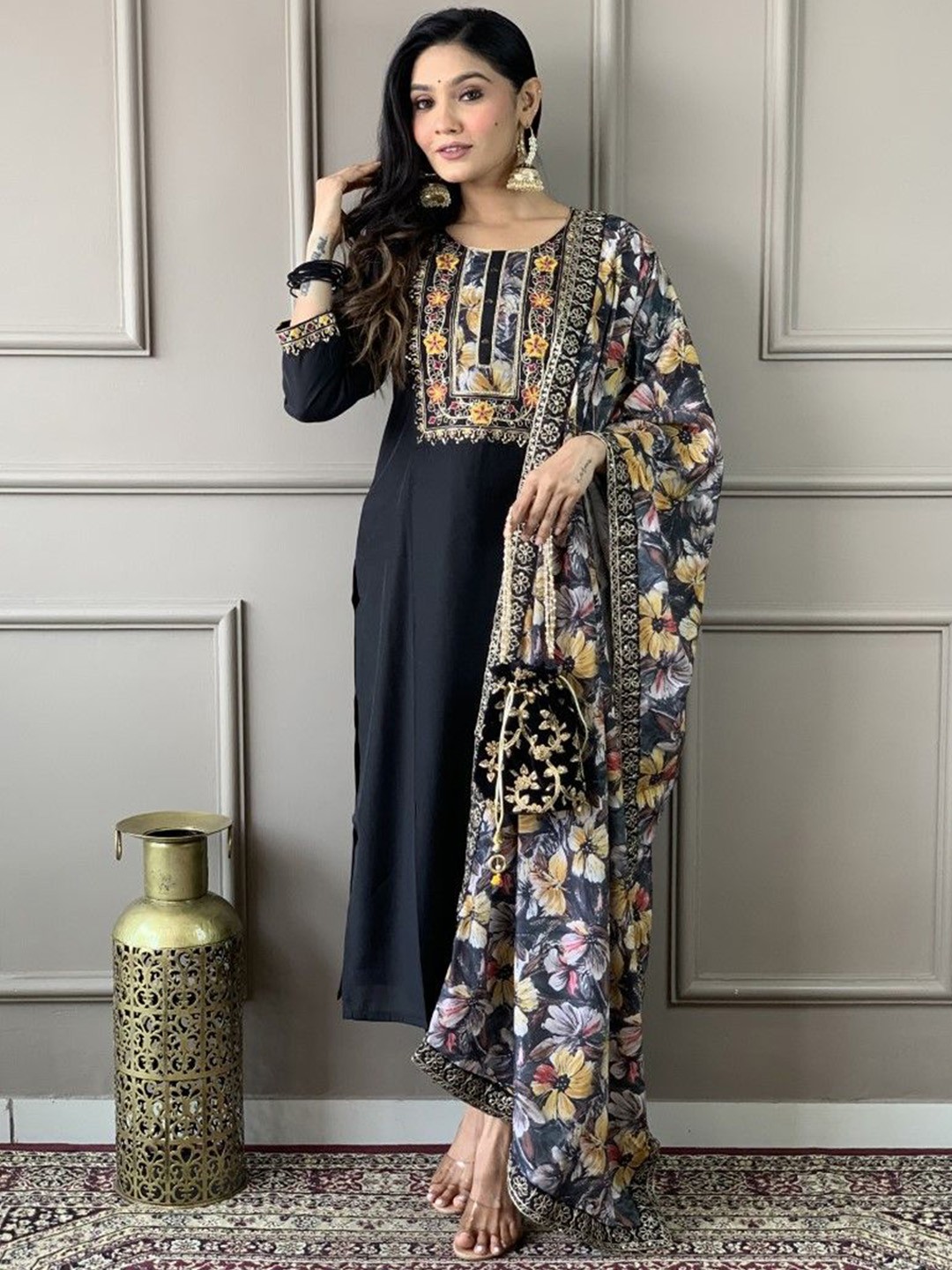 

Moda Rapido Floral Yoke Design Thread Work Straight Kurta With Trousers And Dupatta, Black