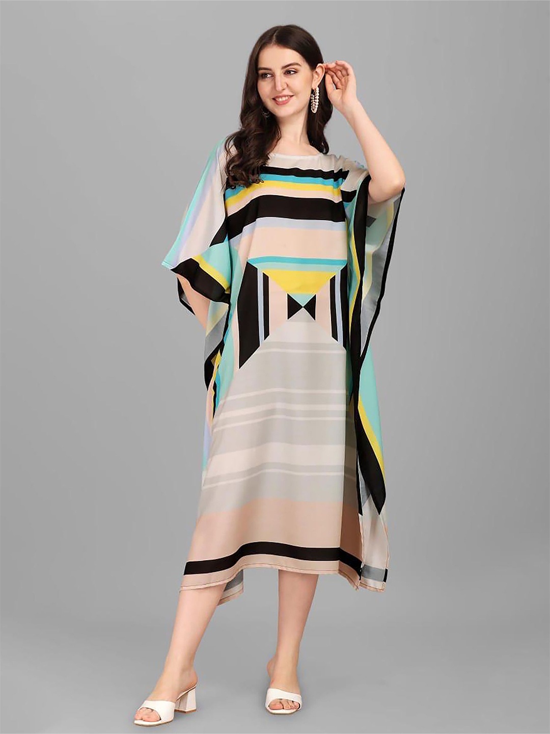 

KWEEN Printed Kimono Sleeve Kaftan Midi Dress, Grey