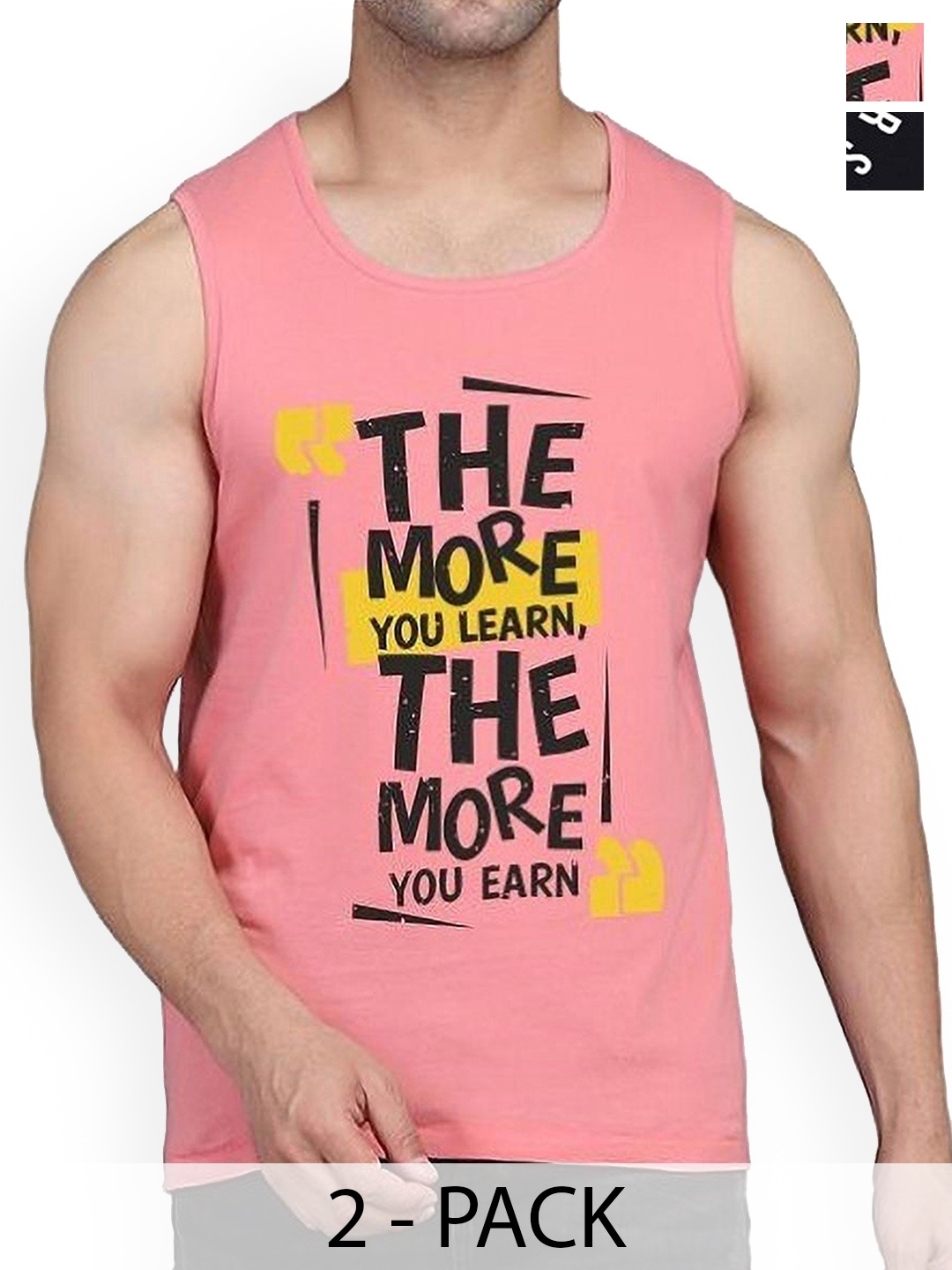 

Woostro Men Pack Of 2 Printed Gym Vests RS26 CMB (RUN BLACK) (MORE PEACH)