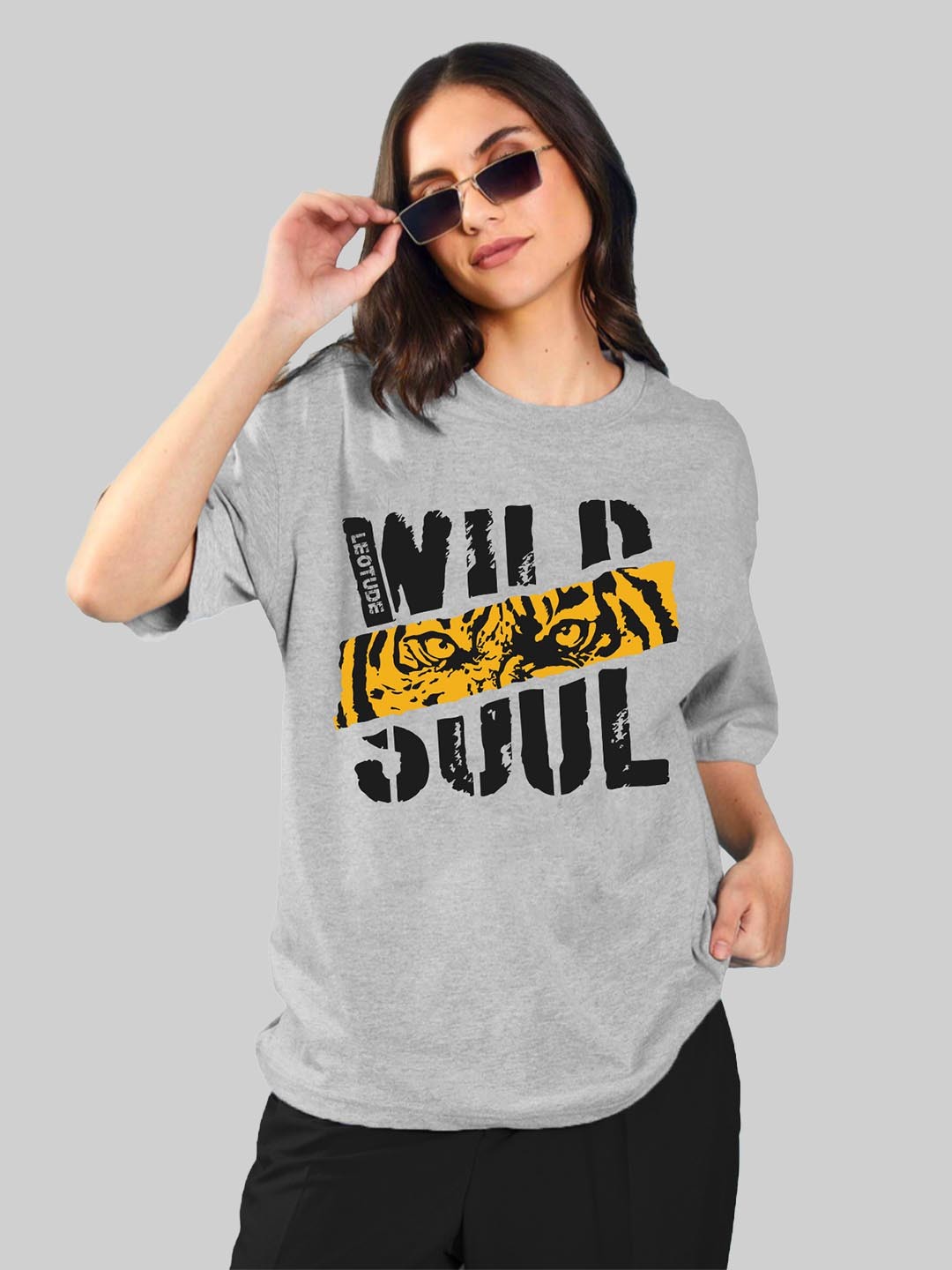 

Leotude Women Typography Printed Round Neck Cotton Oversized T-shirt, Grey