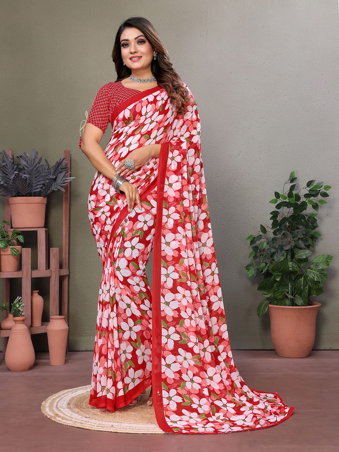 

Moda Rapido Floral Printed Saree With Blouse Piece, Red