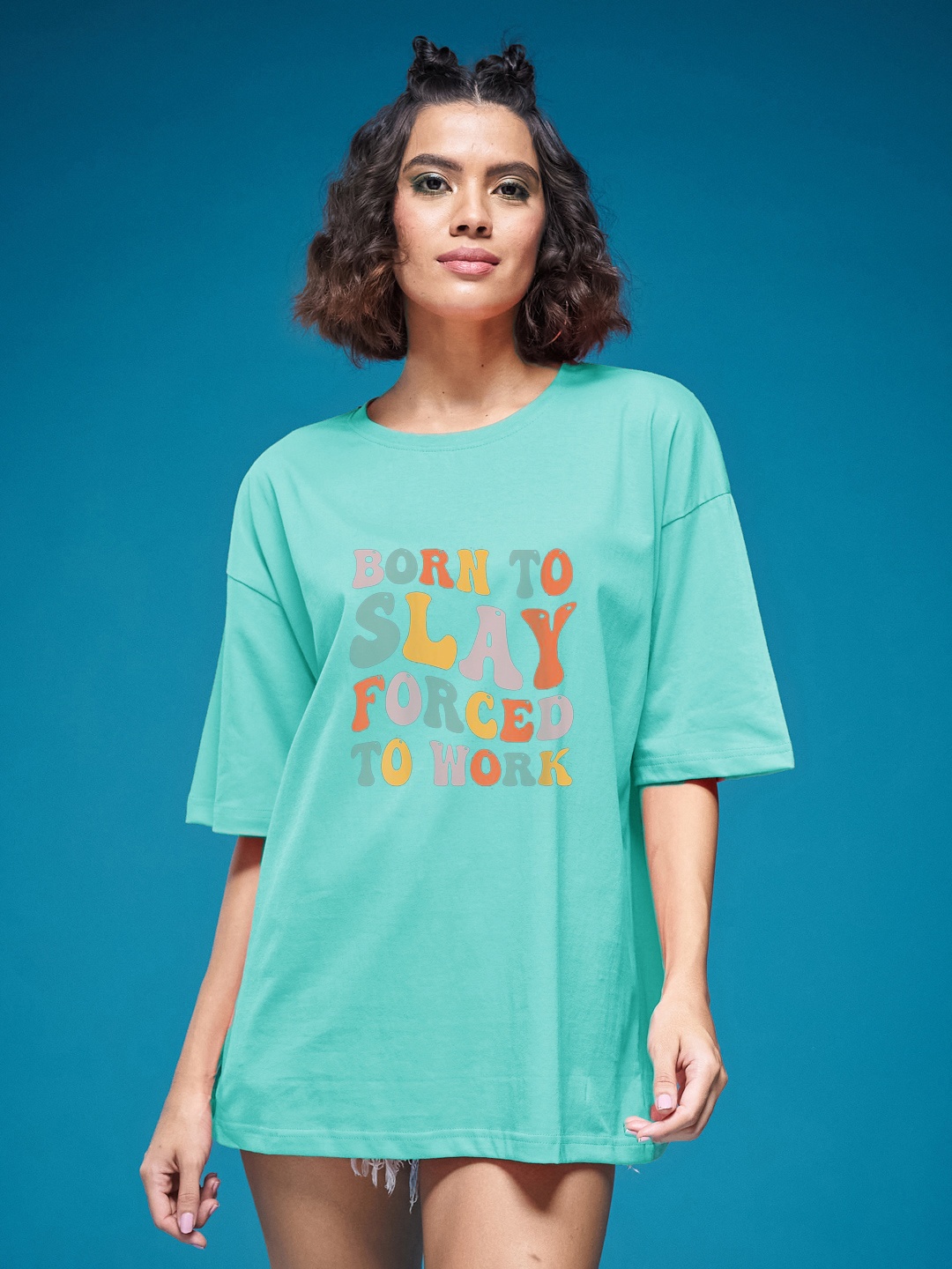 

SMARTEES Women Printed Drop-Shoulder Sleeves Applique T-shirt, Sea green