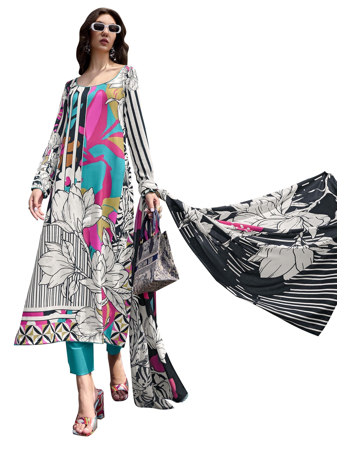 

DRAVINAM Trends Printed Unstitched Dress Material, Blue