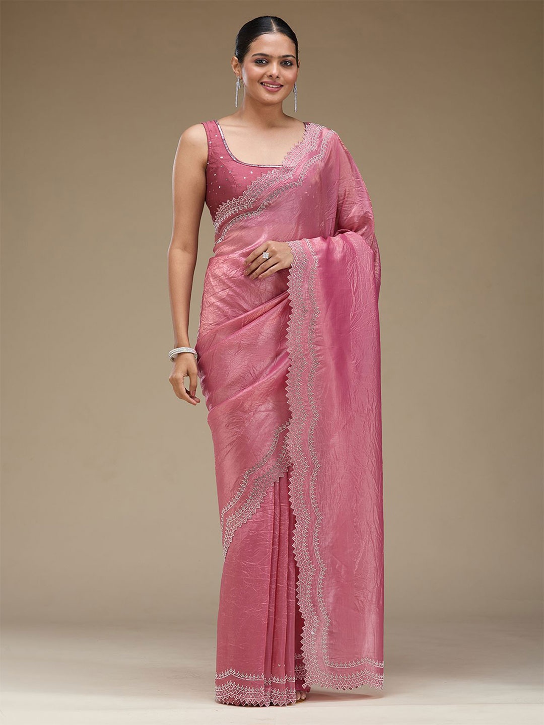 

Koskii Pink Embellished Tissue Saree