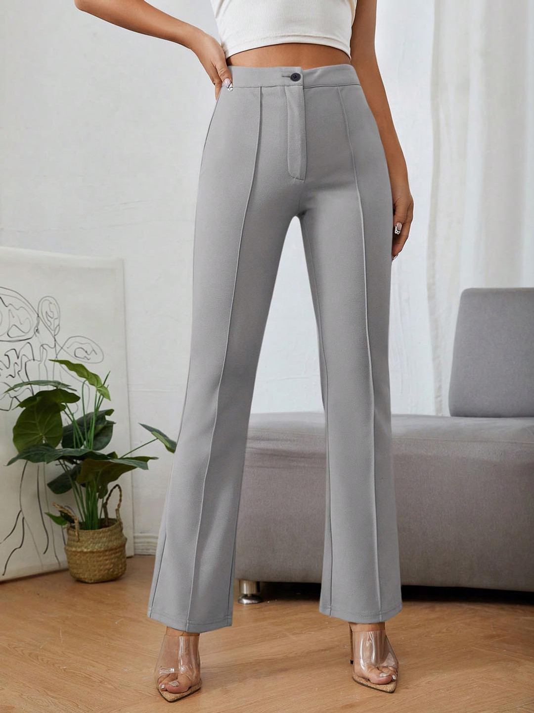 

SHINE N SHOW Women Relaxed Straight Fit High-Rise Non Iron Bootcut Trousers, Grey