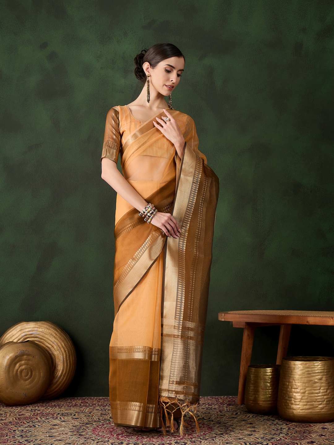 

DEVATITHI Woven Design Zari Organza Saree, Yellow