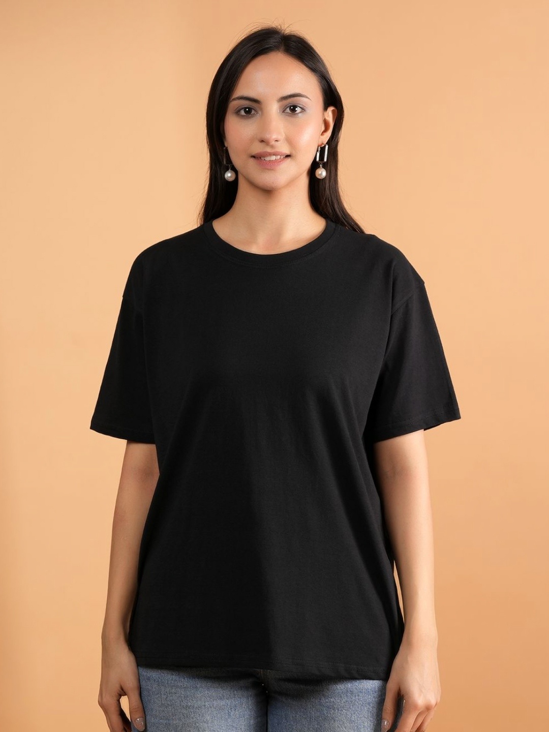 

BAESD Women Solid Round Neck Cotton Oversized T-shirt, Black