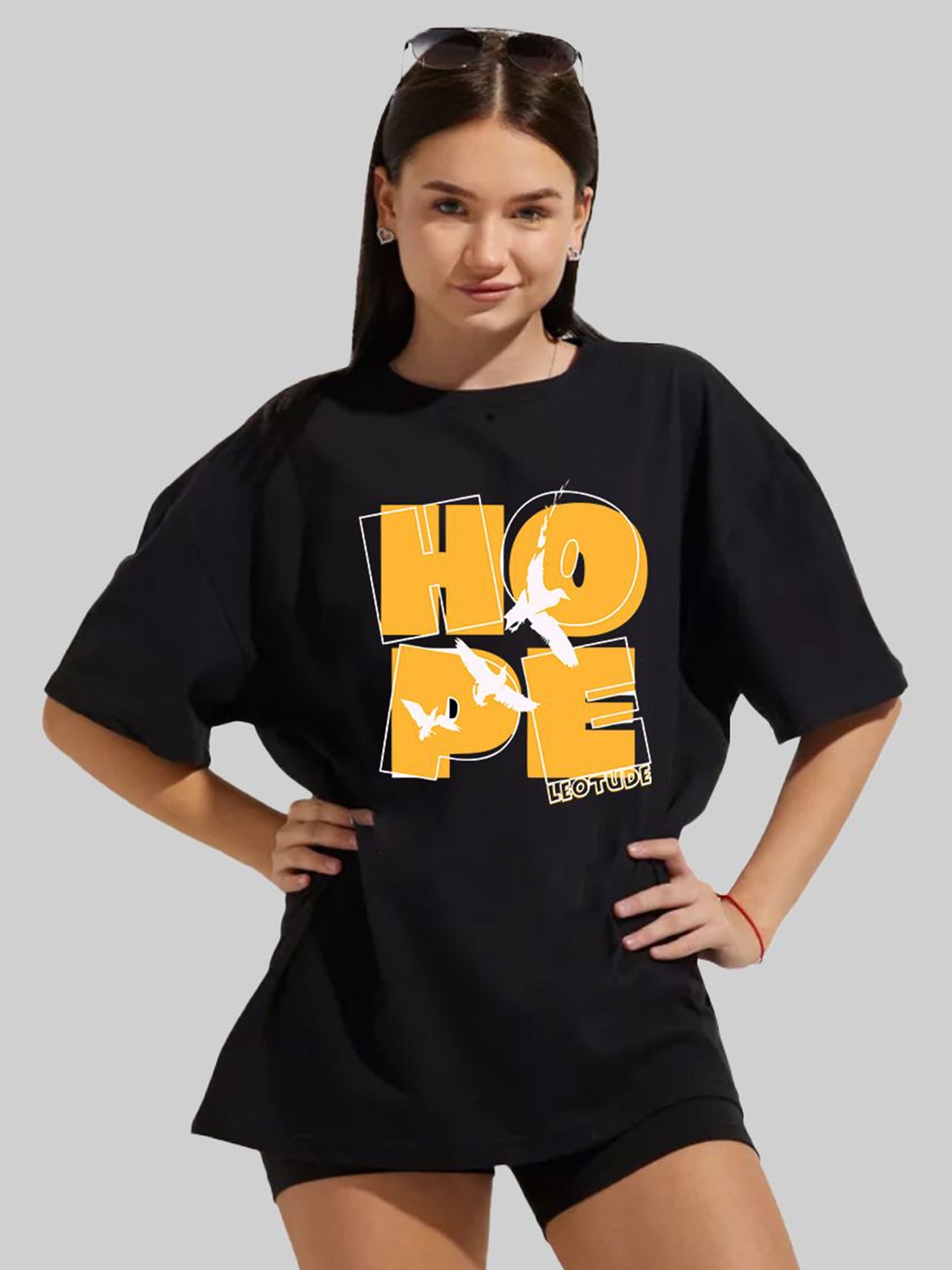 

Leotude Women Typography Printed Round Neck Cotton Oversized T-shirt, Black