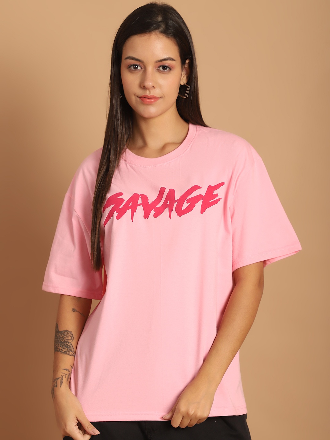 

Dreambe Women Typography Printed Round Neck Cotton Oversized T-shirt, Pink