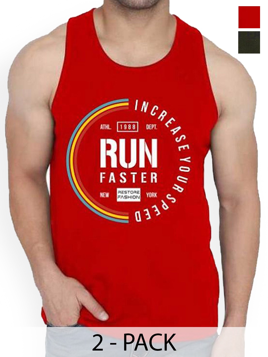 

WOOSTRO Men Pack Of 2 Printed Cotton Gym Vests, Red
