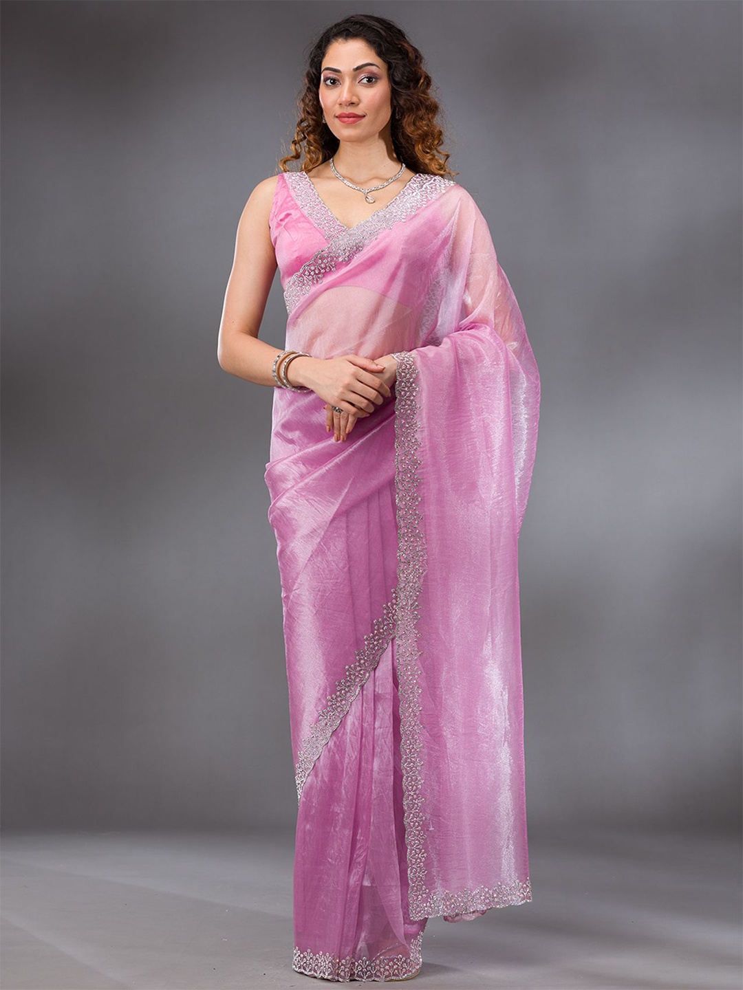 

Koskii Onion Pink Stonework Tissue Saree