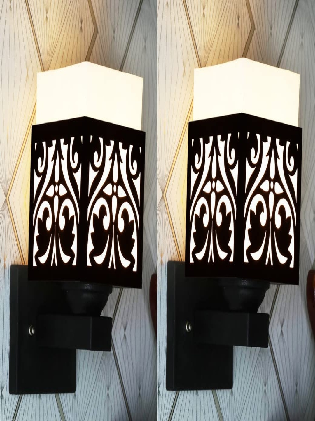 

Gojeeva Black & White 2 Pieces Textured Wooden Rectangle Shaped Wall Lamps