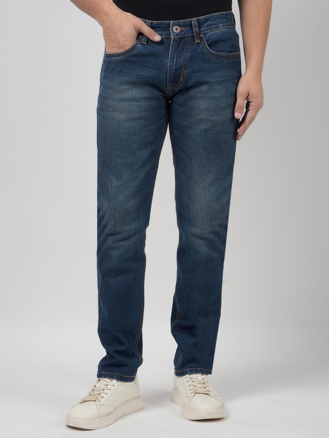 

Numero Uno Men Skinny Fit Low-Rise Heavy Fade Stretchable Jeans, Blue