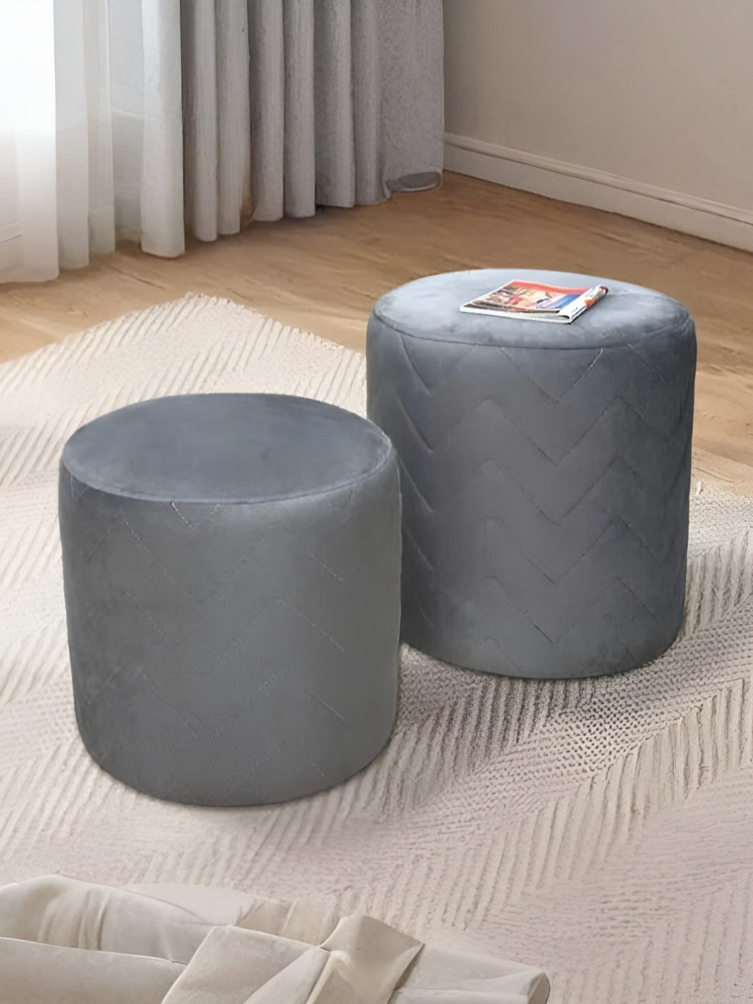 

Royaloak Novo Grey 2 Pieces Velvet & Wooden Round Ottomans