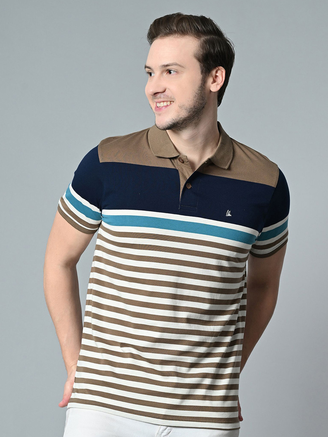 

ARBOUR Men Striped Polo Collar Cotton T-shirt, White
