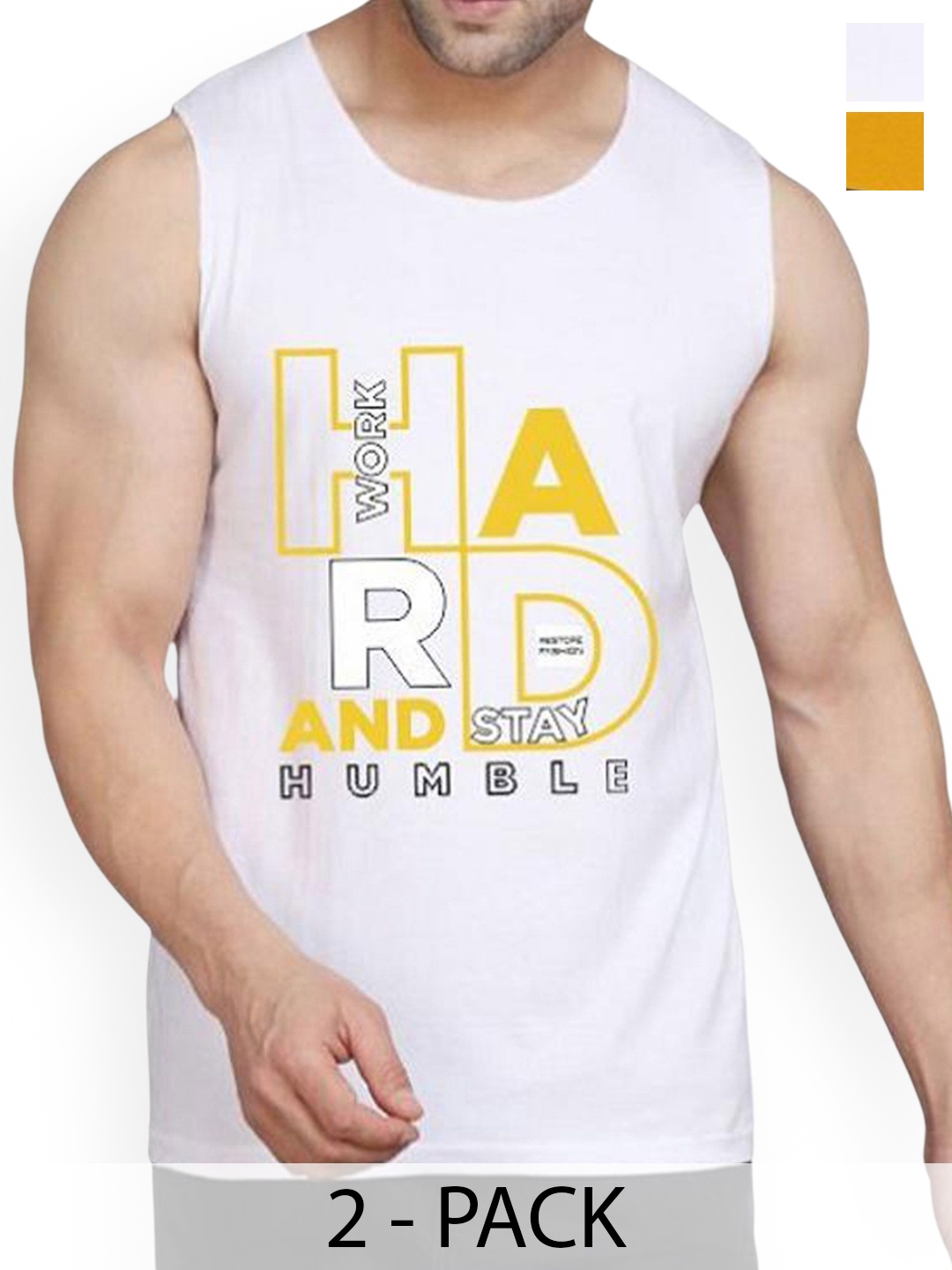 

WOOSTRO Pack Of 2 Printed Cotton Gym Vests RS26 CMB (HARD WHITE) (MORE MUSTARD)