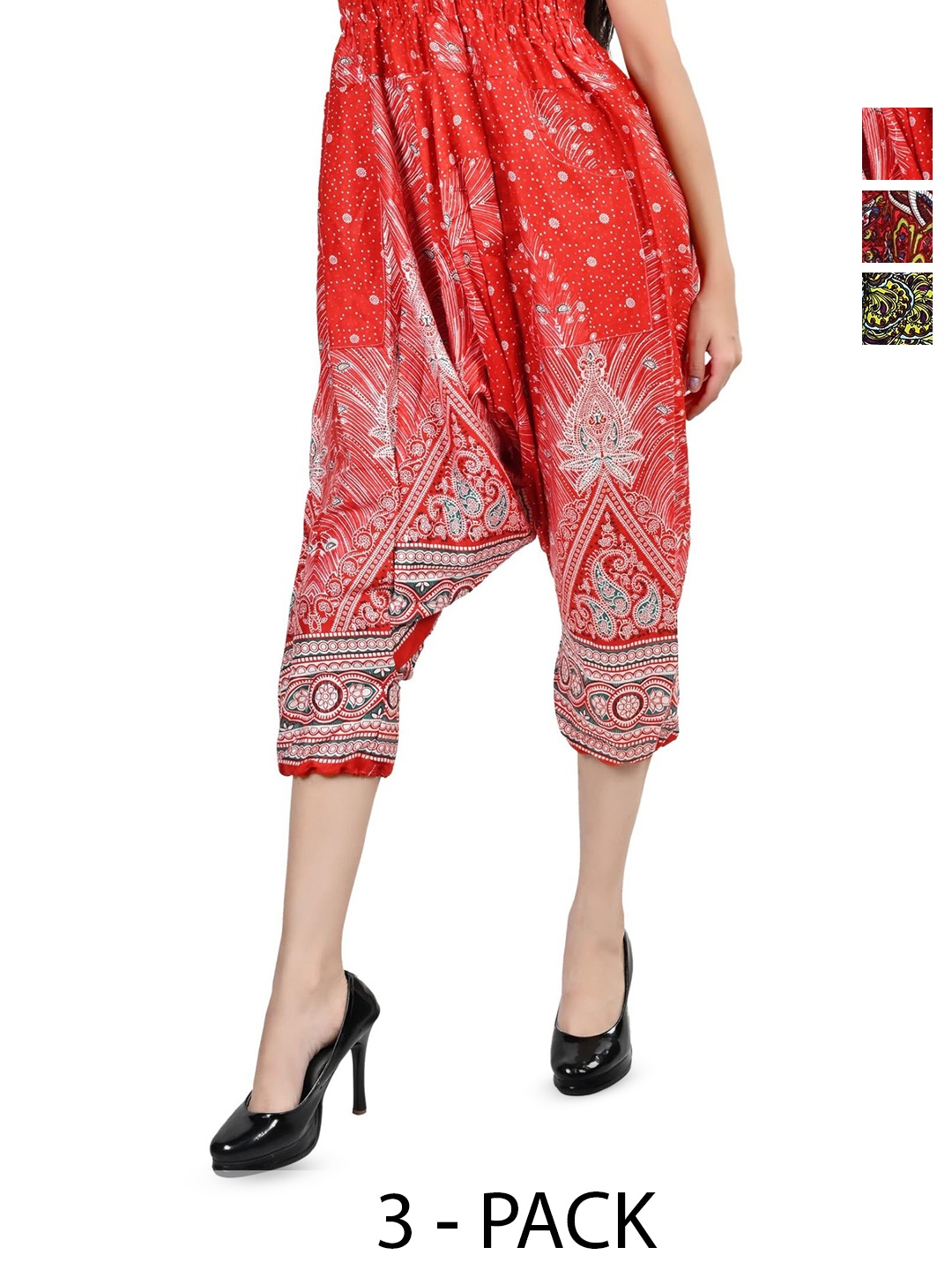 

NarNari Women Pack Of 3 Ethnic Motifs Printed Mid-Rise Harem Pants, Green
