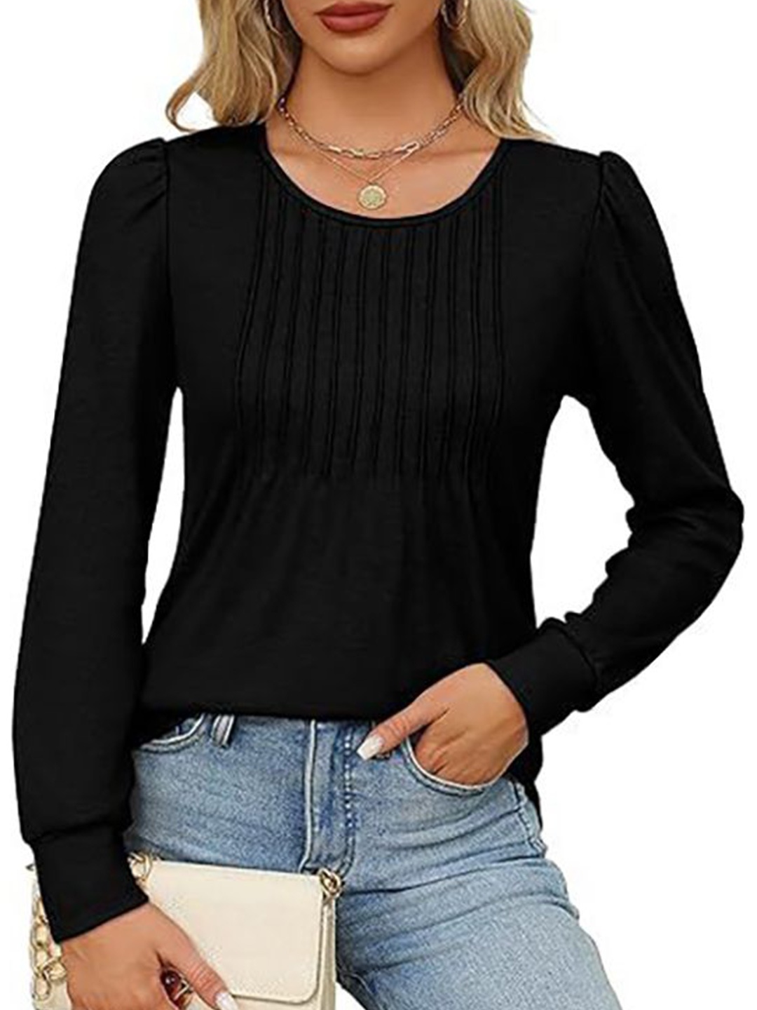 

StyleCast x Revolte Women Self Design Round Neck A-Line Top, Black