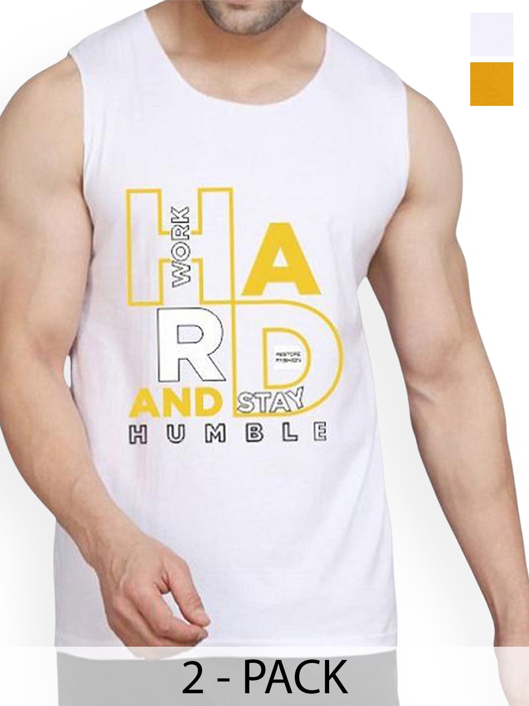 

WOOSTRO Pack Of 2 Printed Cotton Gym Vests RS26 CMB (HARD MUSTARD) (HARD WHITE)
