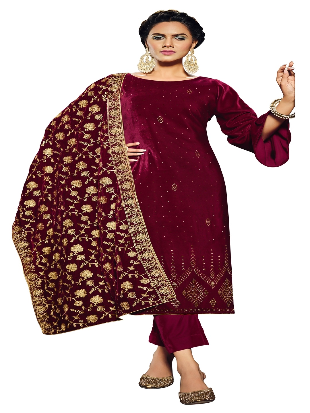 

DRAVINAM Trends Embellished Velvet Unstitched Dress Material, Red
