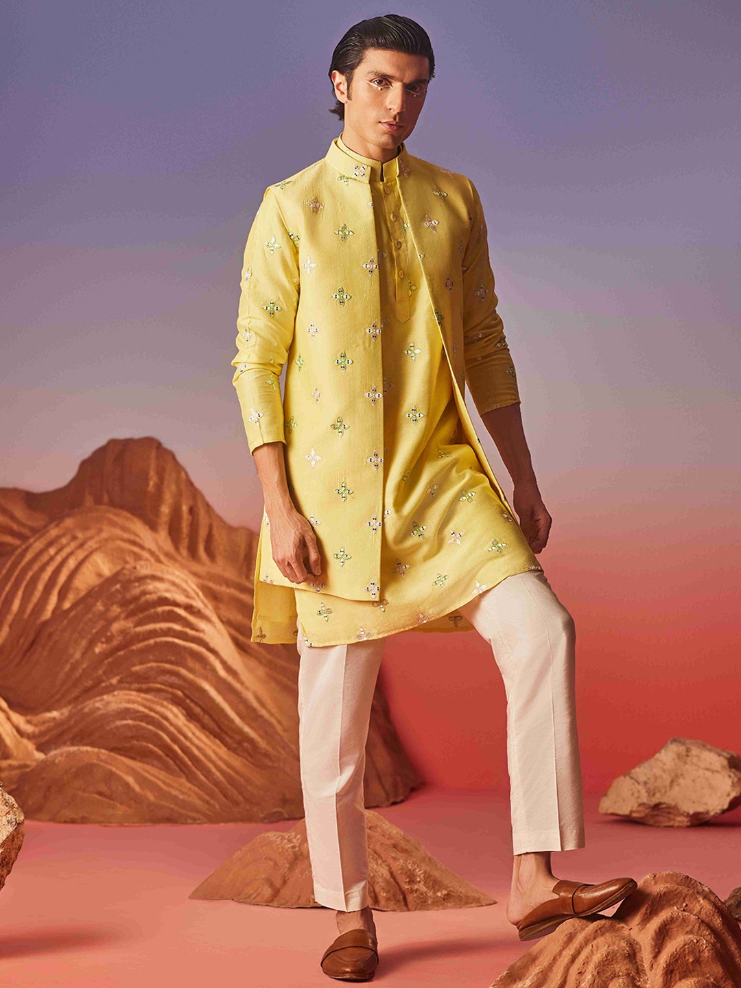 

Eleven Brothers Men Embroidered Chanderi Silk Kurta, Yellow