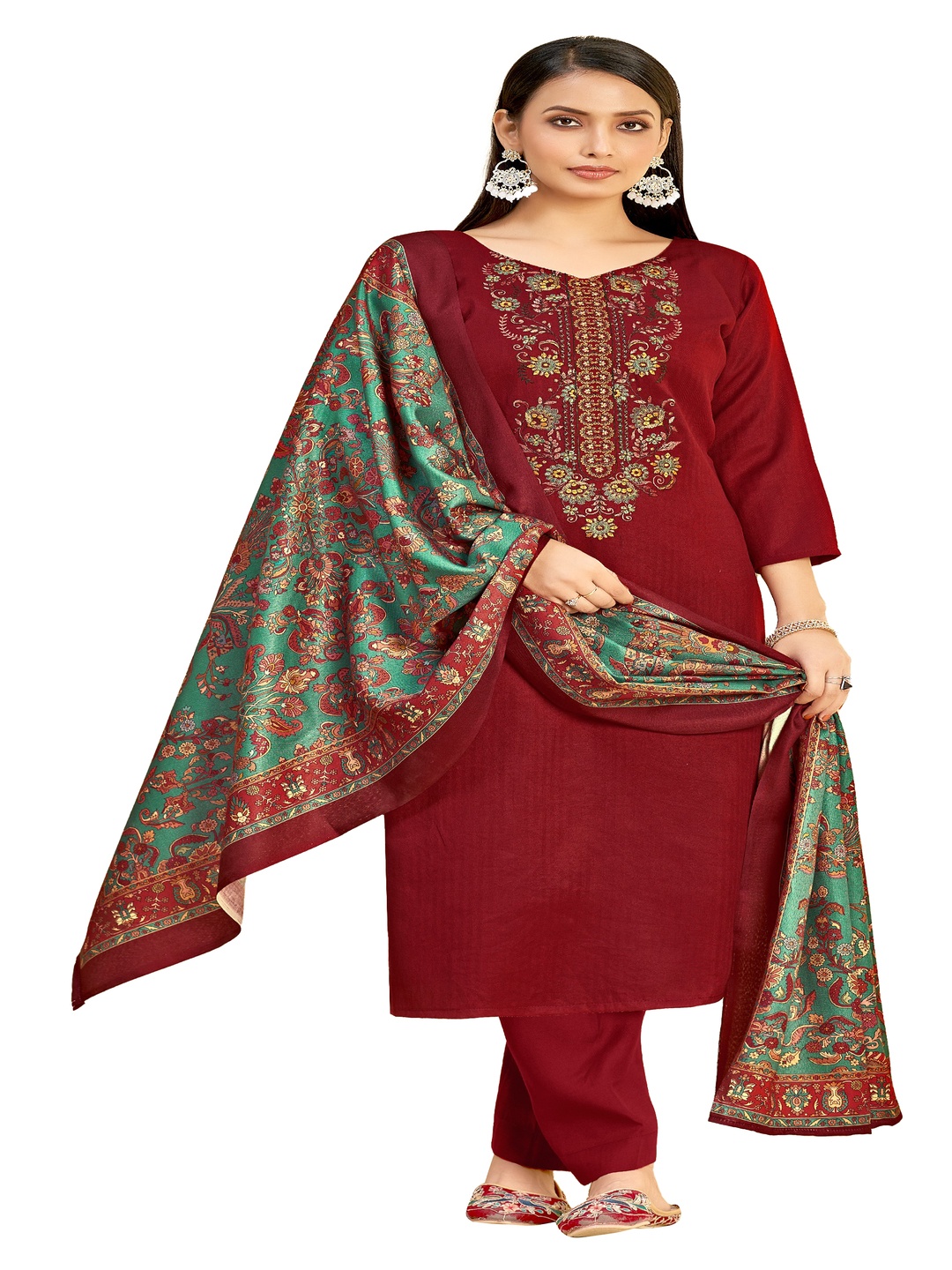 

DRAVINAM Trends Floral Embroidered Unstitched Dress Material, Maroon