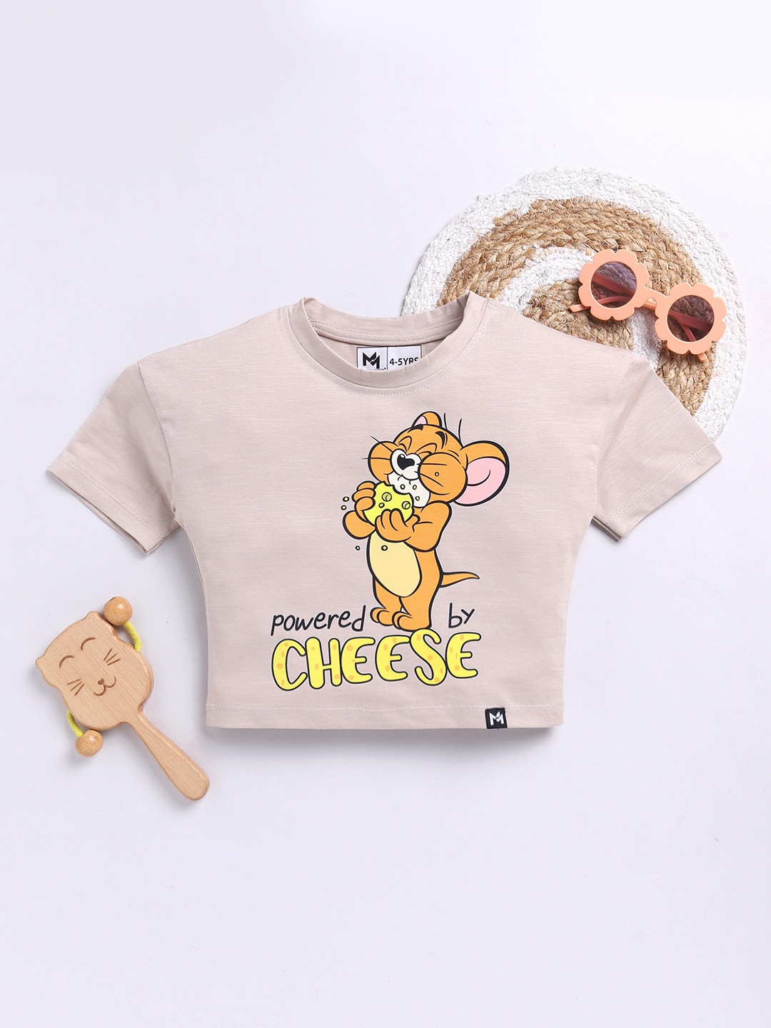 

YK X Minute Mirth Girls Pure Cotton Jerry Printed T-shirt, Beige