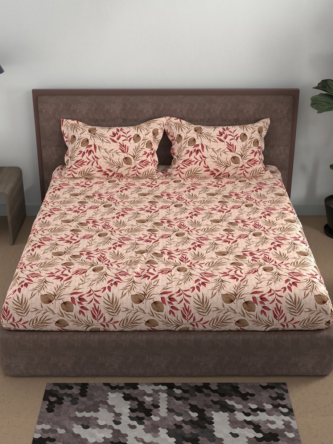 

BELLA CASA Pink & Brown Floral Printed Cotton 180 TC Bedsheet Set 2.44 m X 2.24 m